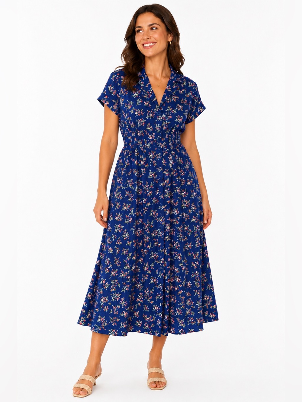 Vintage Blue Floral ERIKA V-Neck Midi Dress. Medium